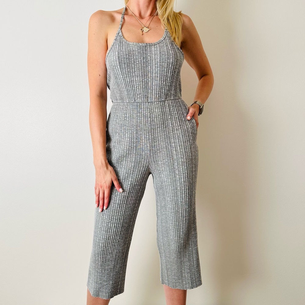 Urban Outfitters Holly Ribbed Knit Tie Halter gray wide cropped leg jumpsuit